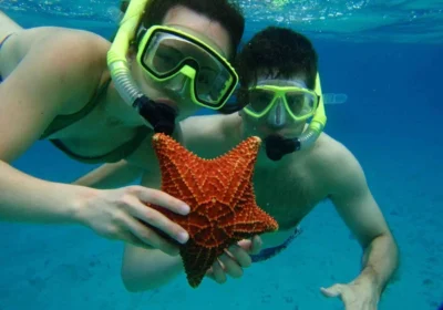 Guided snorkeling tour among the coral reefs in Corn Island, Nicaragua.